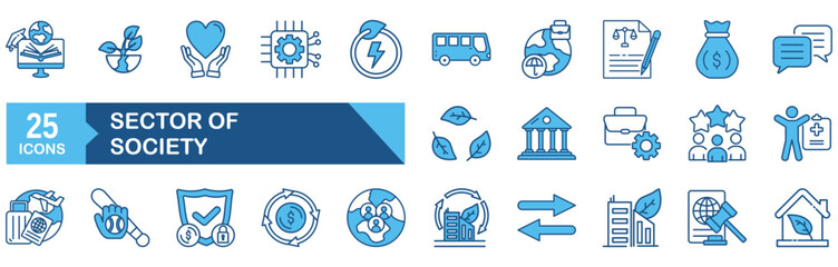 Sector of society icon set Blue Monochrome Flat Design concept for sector, society, agriculture, education, health care, energy, technology, transportation, art, justice, public administration