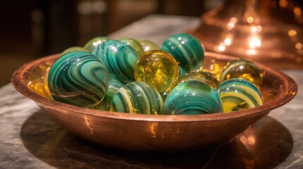 Brightly colored smooth rounded glass marbles in a copper bowl showcasing vibrant swirling patterns