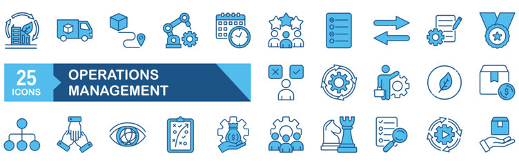 Operations management icon set Blue Monochrome Flat Design concept for operation, management, production, logistic, supply, manufacturing, cost, strategy 