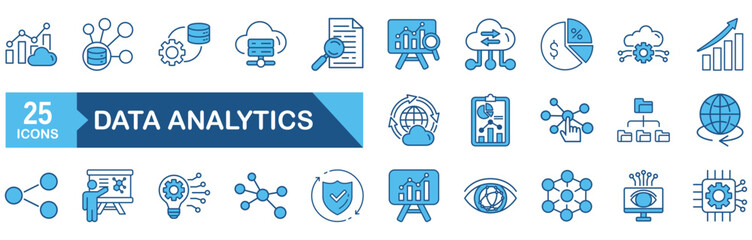 Data analytics icon set Blue Monochrome Flat Design concept for technology, database, analysis, monitoring, cloud, computing, server, statistic