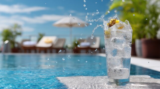 Glass of iced water poured poolside at vacation hotel, sparkling water droplets and sunny summer mood, copy space