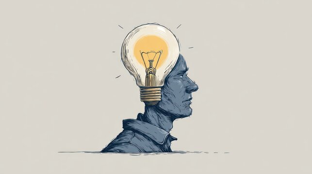A profile of a head with a glowing lightbulb for a brain