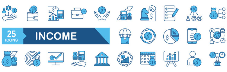 Income icon set Blue Monochrome Flat Design concept for money, tax, earning, payment, paycheck, accounting, work, pension, wage 