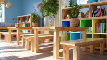 Fototapeta premium Bright and Inviting Classroom with Wooden Furniture, Plants, and Colorful Book Shelves for Learning Environments