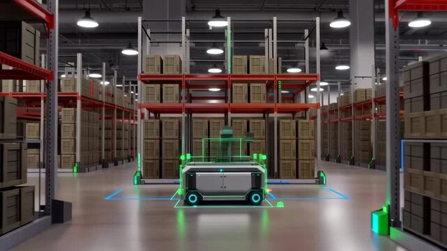 Autonomous mobile robots in smart warehouse with digital twin wireframe and data overlays