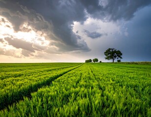 A vibrant green field with track lines and a dramatic, stormy sky overhead at dusk