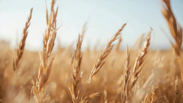 Golden wheat field close up with soft sunlight warm breeze swaying stalks and ears over grassy crop