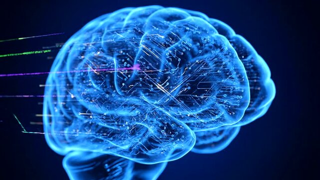 Glowing blue brain with sparks on dark background  