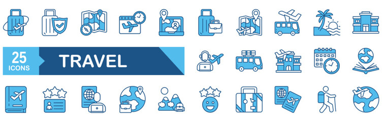 Travel icon set Blue Monochrome Flat Design concept for holiday, hotel, vacation, tour tourism, beach, plane, suitcase
