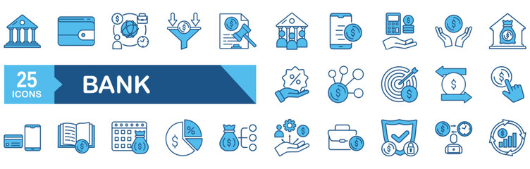Bank icon set Blue Monochrome Flat Design concept for bank, billfold, savings, loan, atm, mortgage, investment, banker, currency, deposit