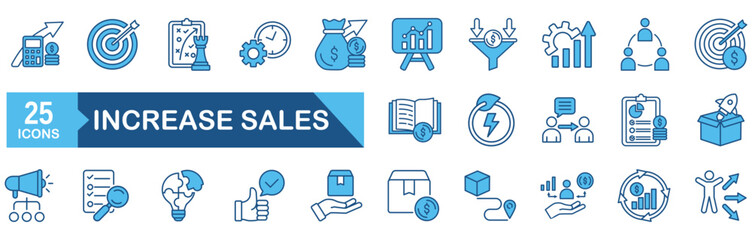Increase sale icon set Blue Monochrome Flat Design concept for sale, growth, business, profit, money, strategy, revenue, marketing