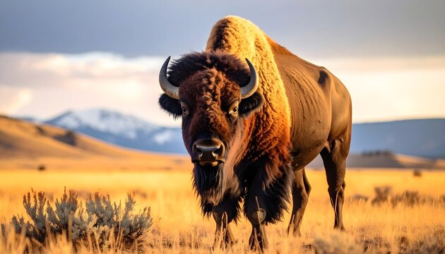 Bisonte americano en pradera dorada con monta&ntilde;as nevadas al fondo en luz de atardecer