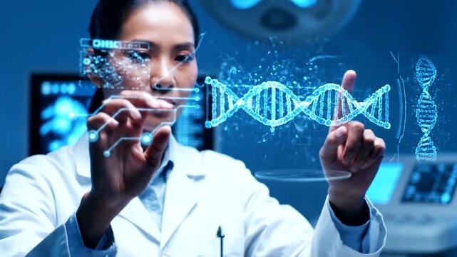 Scientist examines DNA model in laboratory setting  