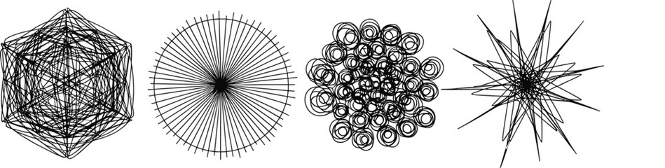 Intricate abstract geometric composition featuring wireframe polyhedron, radial line explosion, spiral cluster formation and sharp angular burst elements.  © PixelsWorld