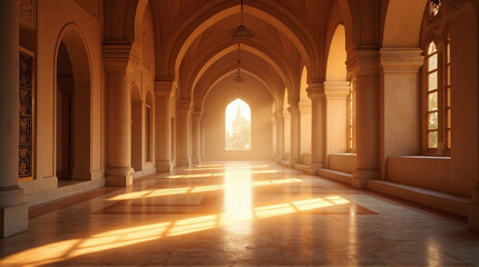 Obraz premium Grand arched corridor bathed in golden sunlight, showcasing intricate architectural details and long shadows, creating a serene and majestic atmosphere within a historic building