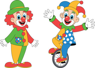 Funny cartoon clown vector illustration set, happy circus performers with unicycle and green hat for party © Billal