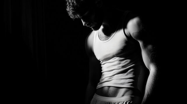 A man in a white tank top is standing in a dark room