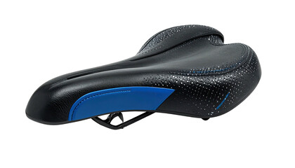 Obraz premium Ergonomic bicycle seat, black with blue accents, detailed textured surface
