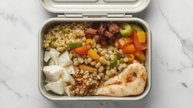 Fresh shrimp grain barley bean pickled vegetable bell pepper bento lunch box colorful healthy