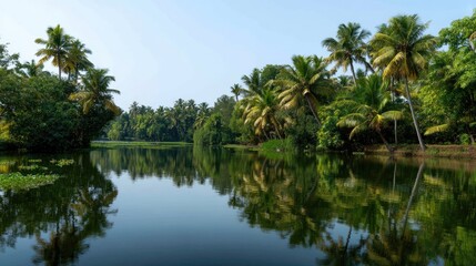 Obraz premium Serene Lake Surrounded by Lush Green Palm Trees and Vibrant Vegetation in a Tropical Paradise