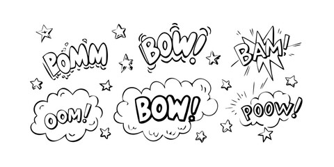 A collection of comic book style sound effect words in a variety of fonts and sizes. © Rabbi