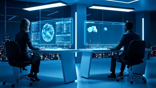 Business professionals analyze data on screens in modern office at night