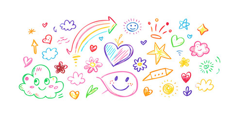 A vibrant and colorful illustration of various smiling faces and hearts