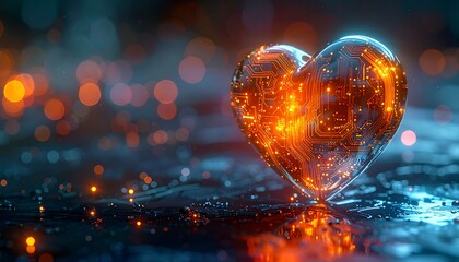 Glowing Glass Heart with Sparkling Lights on Wet Surface, Romantic Valentine Background