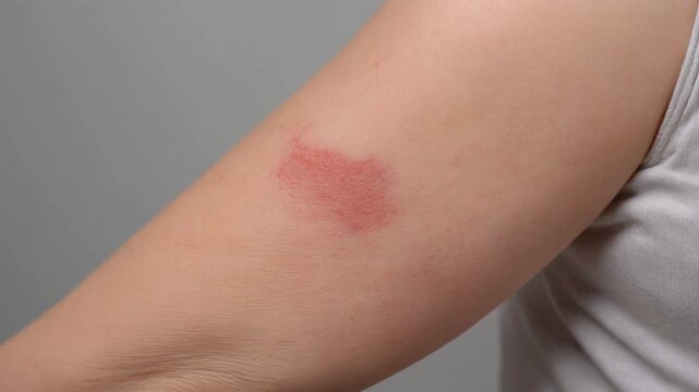 Close up of a person's fair skinned arm, prominently displaying a distinct, inflamed, and irritated red patch on the bicep, indicating an allergic reaction, insect bite,