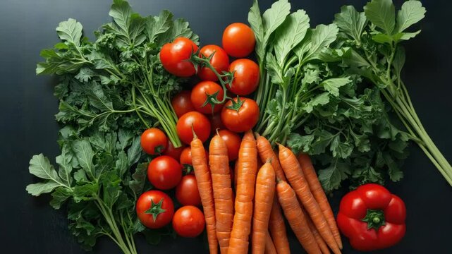 Tomato carrot herb leafy green bell pepper vegetable arrangement showcasing vibrant fresh produce