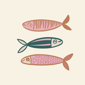 Set of hand drawn cute sardines. Vector illustration on isolated background. Cute stylized illustration with decorative elements.