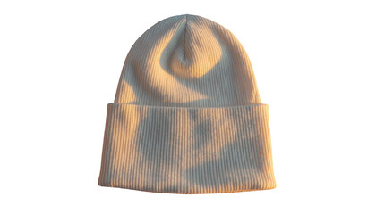 Soft white ribbed beanie hat isolated on a dark background