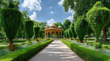 Fototapeta premium Mughal garden pavilion with symmetrical pathways and arches copy space
