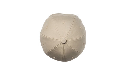 Overhead view of a tan, stitched baseball cap with a central button and eyelets
