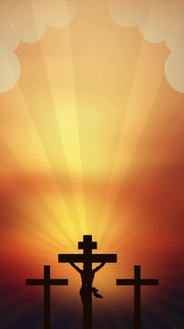 Vertical Christian Easter Background. Silhouette of Crucifixion on Calvary Hill with Sunburst for Good Friday Stories and Reels