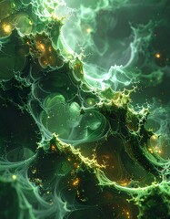 Abstract, flowing fractal with swirling green hues and scattered golden light, evokes organic and ethereal feeling