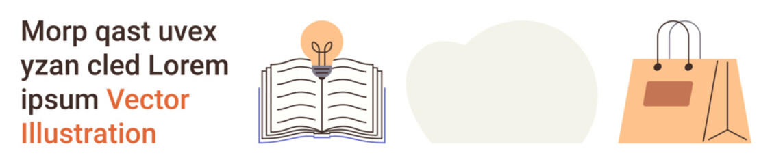 Learning concepts, creativity, e-commerce, innovation, education, online shopping. Open book with a light bulb, a cloud and a shopping bag in minimalistic vector style. Learning and creativity theme © robu_s