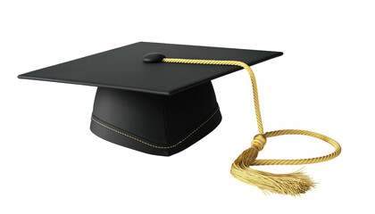 Isolated image of a black graduation cap with a golden tassel