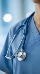Medical professional with stethoscope in blue scrubs