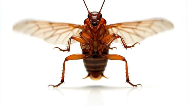 Close up of a brown cockroach with wings spread on a white background.