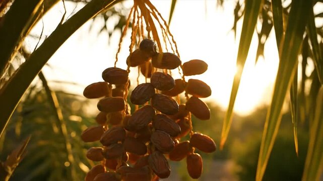 Close-up of ripe dates hanging from a palm tree at sunset, with golden light filtering through the leaves.