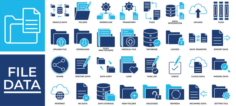 File Data icon set collection. Containing share, transfer, database, task, writing, improve, import .Solid vector icons collection