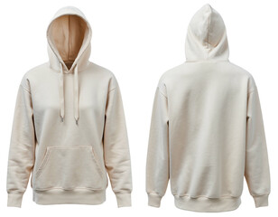 Front and back views of a beige hooded sweatshirt, isolated on black