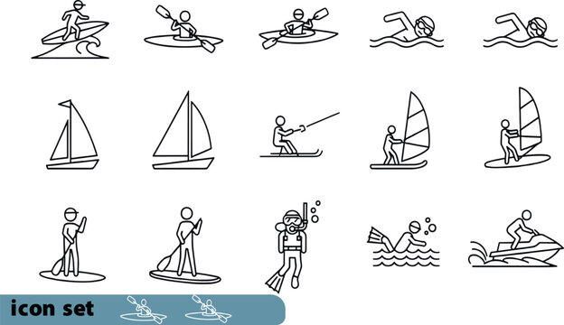 Print Minimalist Water Sports Line Icon Set Featuring Surfing Kayaking Sailing Windsurfing Scuba Diving and Jet Skiing Symbols