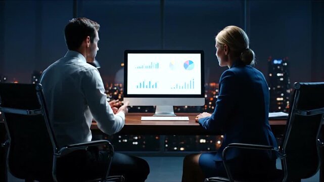 Colleagues working on computer in office at night city