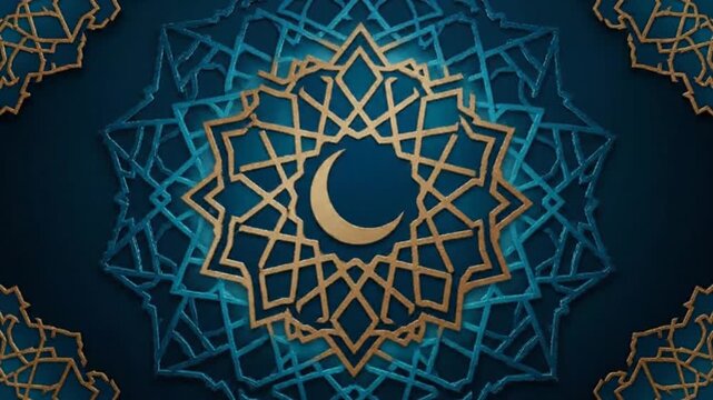 Intricate golden Islamic geometric pattern featuring a crescent moon on a deep blue background, ideal for Ramadan, Eid al-Fitr, and other festive cultural celebrations