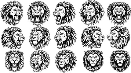 Premium collection of fifteen aggressive lion head vector illustrations featuring roaring mascots and majestic wild cat portraits for sports logos, tattoos, and branding design. © MstMerezan