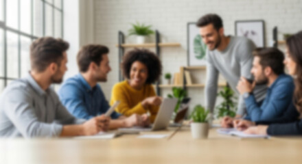 Blurred image of a business presentation in a modern conference room