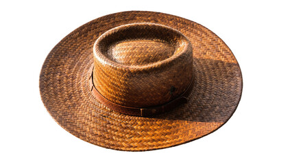 Woven straw hat with a brown leather band, isolated on black background