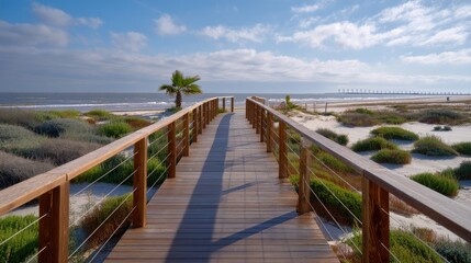 Obraz premium Scenic Wooden Pathway Leading to Tranquil Beach with Gentle Waves and Lush Greenery Under a Bright Blue Sky